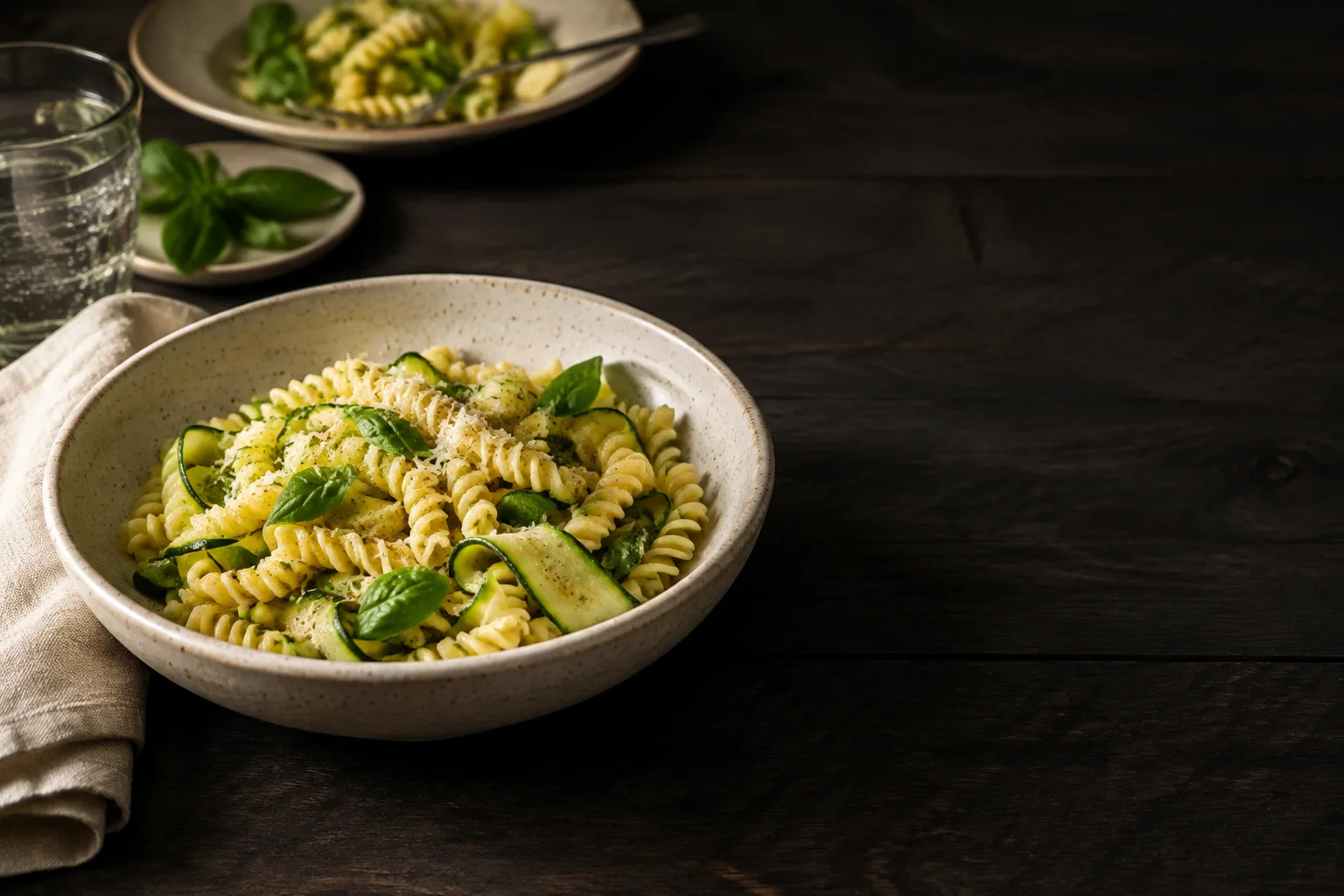 Pasta met courgette en basilicum op een gedekte tafel voor twee
