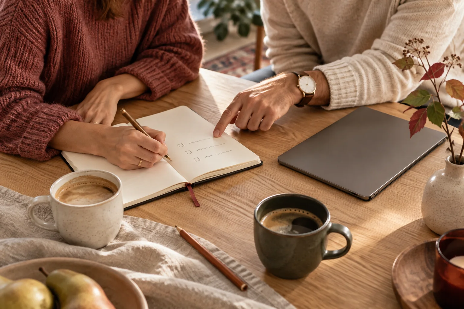 Twee mensen maken samen een checklist aan een tafel met koffie